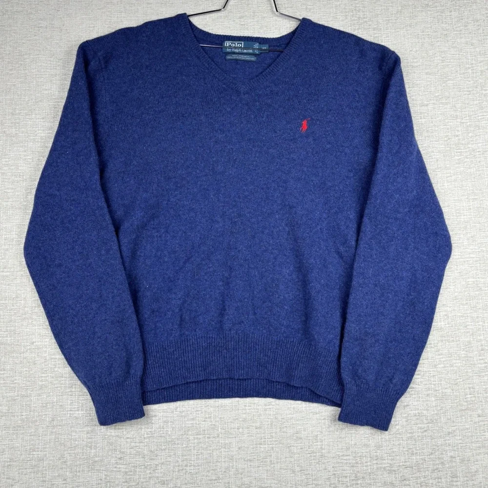 Polo Ralph Lauren Blue Lambswool V-Neck Sweater Mens XL Red Pony Logo